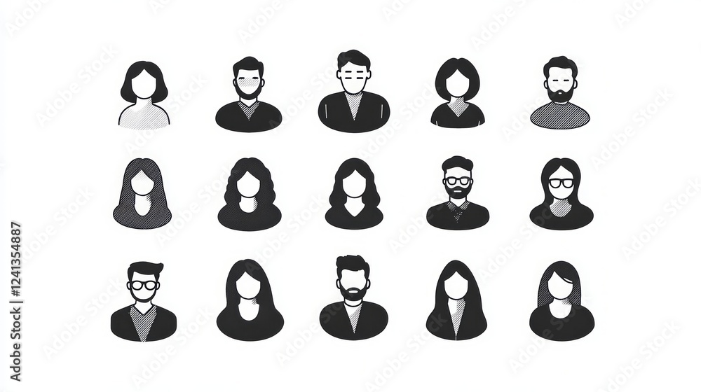 Collection of grayscale profile icons depicting diverse people. Collection of grayscale profile icons depicting diverse people.