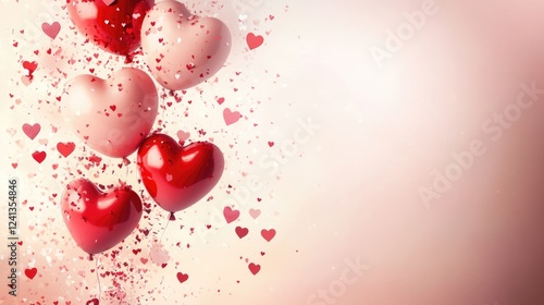 Charming Valentine's Day display featuring red and pink heart balloons with sparkling confetti details, set against a delicate pastel gradient background. Perfect for love-themed events, marketing