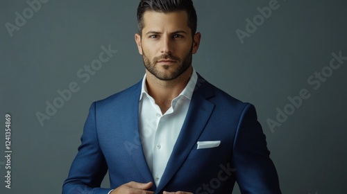 Stylish businessman in tailored blue suit holding a document on gray background, showcasing confidence and professionalism in modern corporate attire. photo