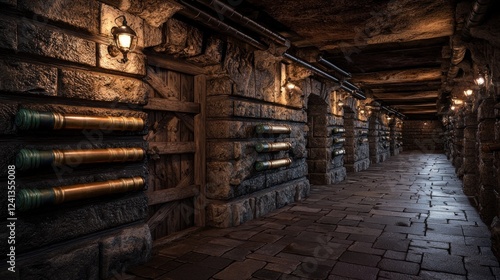 Wallpaper Mural Dark, stone-walled corridor with vintage lighting and ornate pipes, evoking a mysterious atmosphere Torontodigital.ca