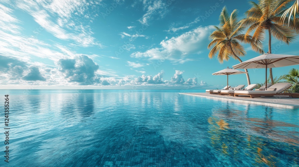 A picturesque pool area with sun loungers and umbrellas, encircled by palm trees, providing a peaceful sea view for ultimate relaxation. A picturesque pool area with sun loungers and umbrellas, encircled by palm trees, providing a peaceful sea view for ultimate relaxation.