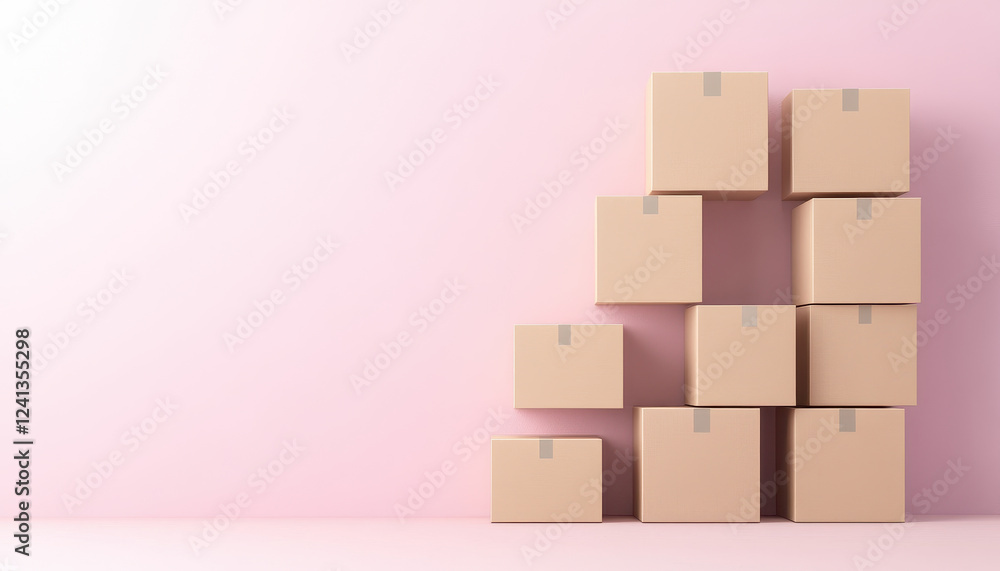 Obraz premium Moving boxes arranged in symmetrical pattern against pink wall, creating visually appealing and organized look. Perfect for storage or relocation themes