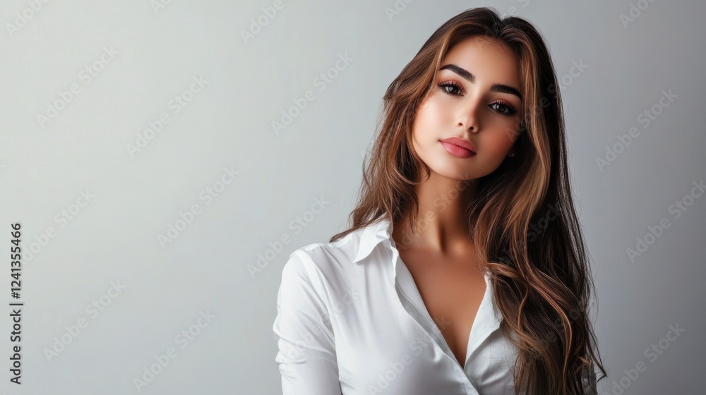 Professional young business woman with long brown hair posing confidently against a light grey background, showcasing modern business attire and elegance. Professional young business woman with long brown hair posing confidently against a light grey background, showcasing modern business attire and elegance.
