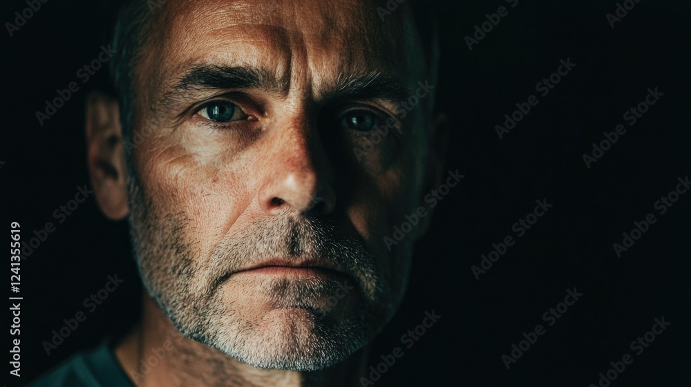Fototapeta premium introspective portrait of a mature man with gray facial hair and textured skin showcasing deep emotions in low light setting with dark background