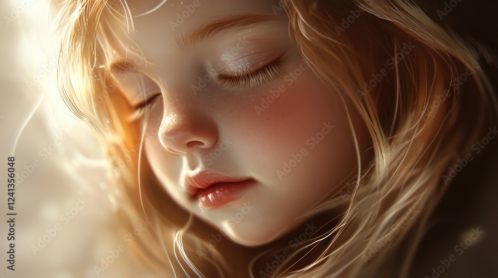 Gentle profile of a serene young girl with blond wavy hair softly illuminated by warm sunlight, capturing innocence and tranquility in a dreamy atmosphere. Gentle profile of a serene young girl with blond wavy hair softly illuminated by warm sunlight, capturing innocence and tranquility in a dreamy atmosphere.