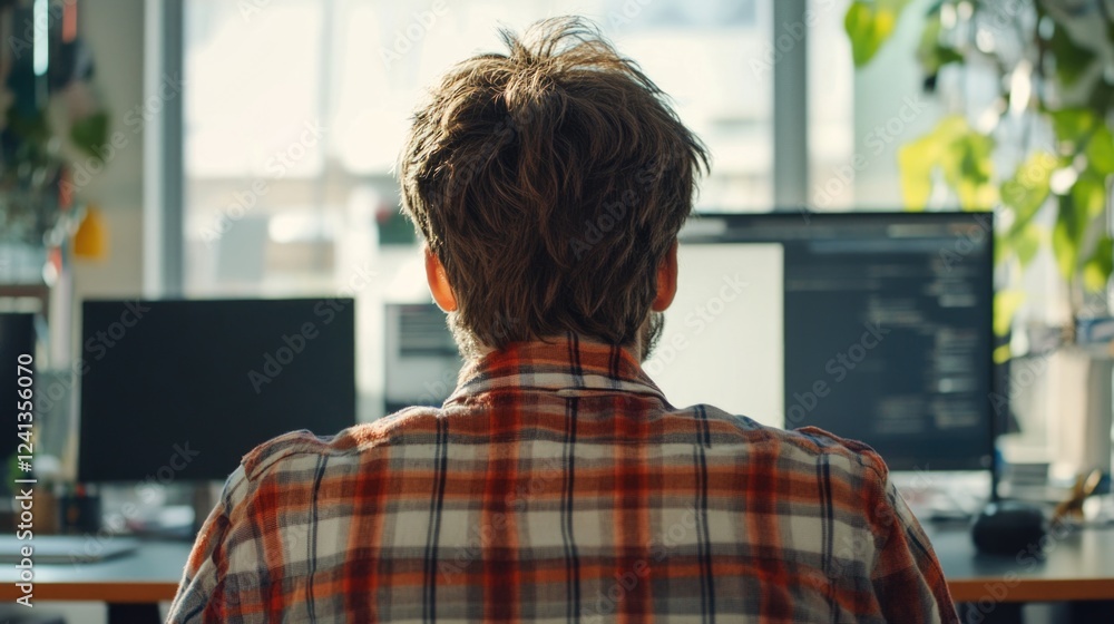 Young male programmer with tousled hair wearing a colorful plaid shirt seated at a desk in a modern office environment with greenery and computer screens. Young male programmer with tousled hair wearing a colorful plaid shirt seated at a desk in a modern office environment with greenery and computer screens.