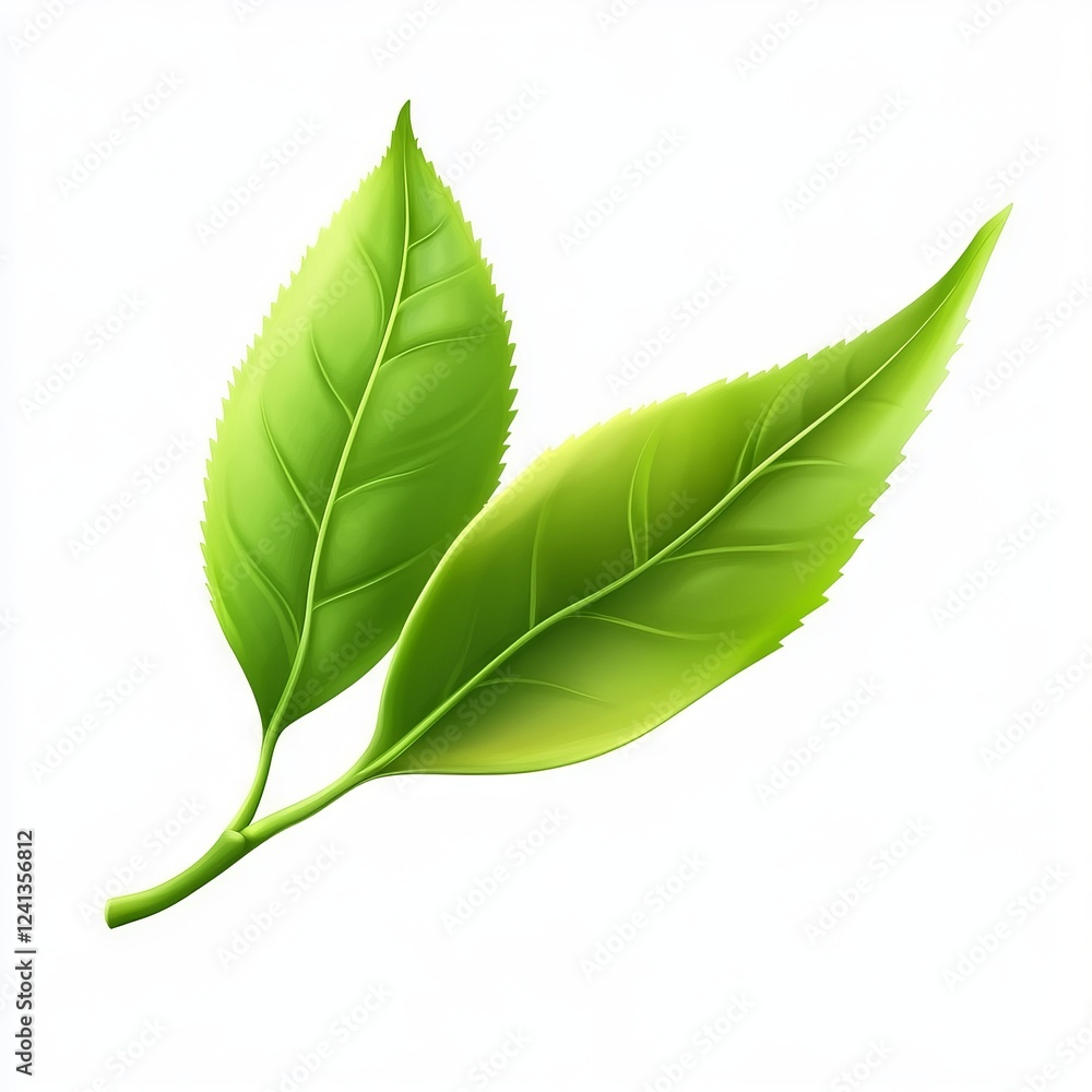 Fototapeta premium Two vibrant green leaves on a stem, isolated on white.