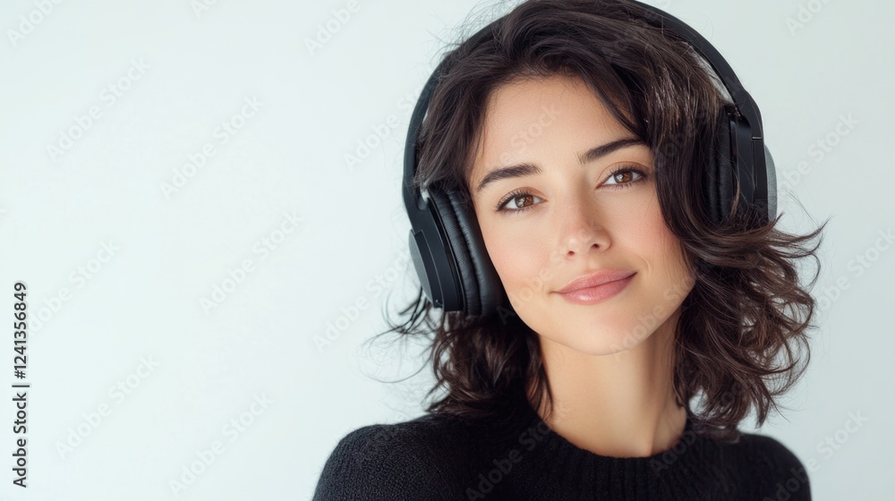 Brunette woman in headphones enjoying music with a serene expression against a light gray background, ideal for wellness and lifestyle concepts. Brunette woman in headphones enjoying music with a serene expression against a light gray background, ideal for wellness and lifestyle concepts.