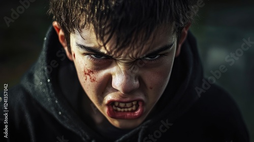 Intense emotional expression of an angry adolescent boy with dark hair wearing a black hoodie, captured in a dramatic close-up against a blurred background. photo