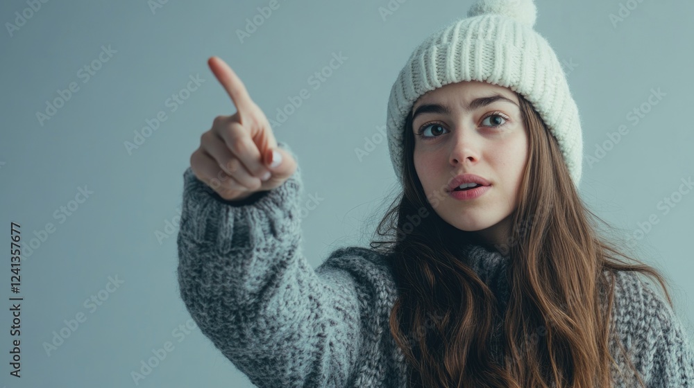 young woman wearing a cozy grey sweater and white winter hat pointing upwards against a soft grey background showcasing a casual winter style young woman wearing a cozy grey sweater and white winter hat pointing upwards against a soft grey background showcasing a casual winter style