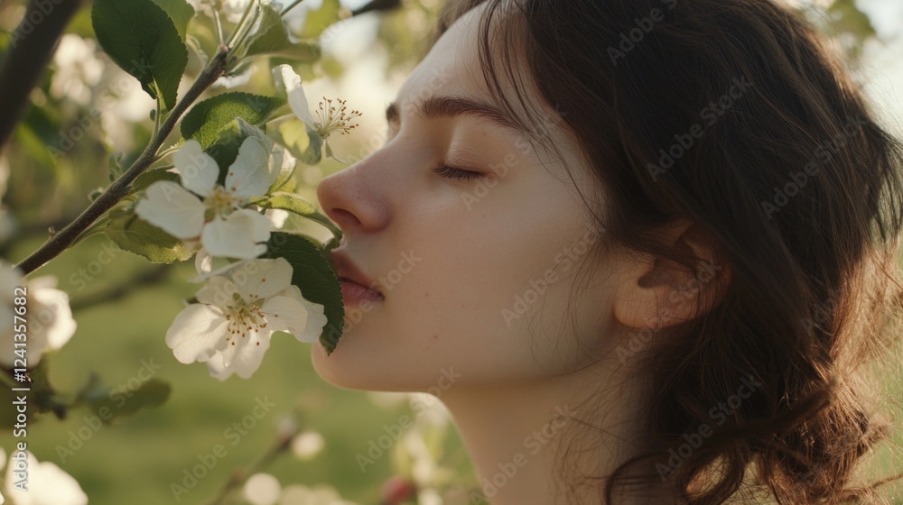 Young woman with closed eyes enjoying the fragrance of blooming white apple blossoms in a serene spring garden environment capturing the essence of nature and mindfulness Young woman with closed eyes enjoying the fragrance of blooming white apple blossoms in a serene spring garden environment capturing the essence of nature and mindfulness