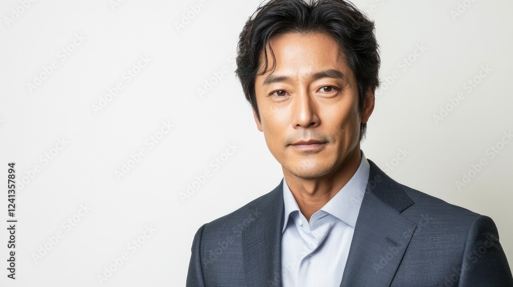 Korean man in tailored dark gray suit with open collar shirt, confidently posed against bright white background, capturing professional elegance in mid-thirties. Korean man in tailored dark gray suit with open collar shirt, confidently posed against bright white background, capturing professional elegance in mid-thirties.