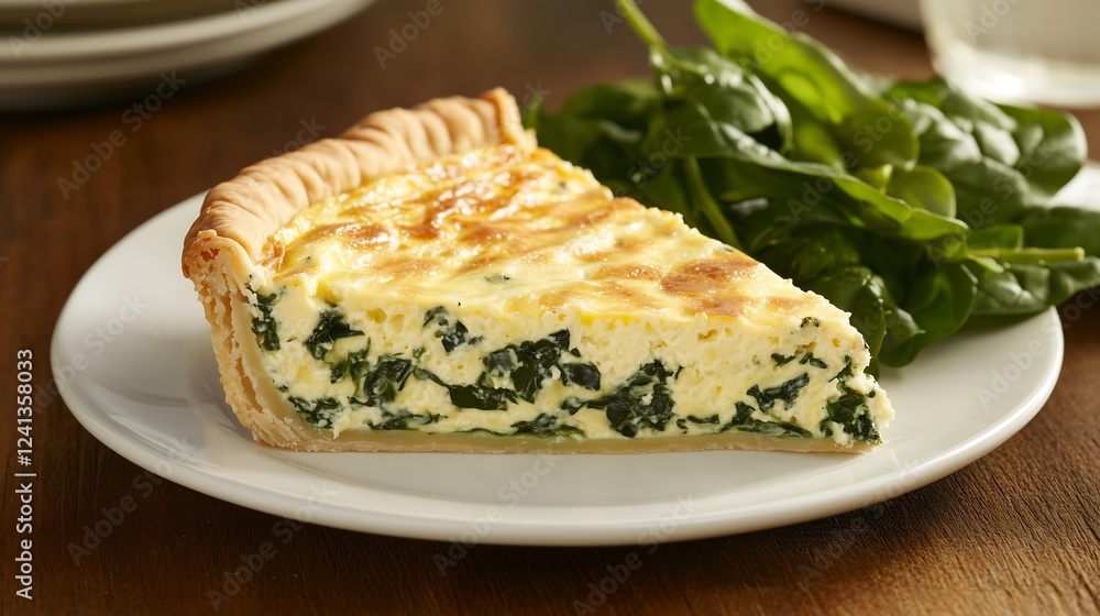A slice of quiche with spinach and mushrooms, served with a side of lightly dressed salad greens on a sunny outdoor patio with leaves A slice of quiche with spinach and mushrooms, served with a side of lightly dressed salad greens on a sunny outdoor patio with leaves
