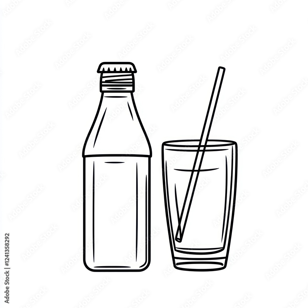 Glass bottle, drink, straw, refreshment, simple line drawing, beverage, illustration