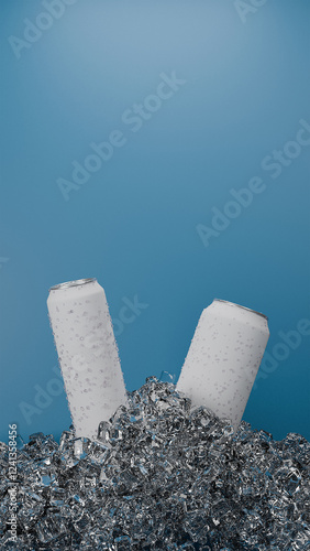 Blank Aluminum Cans in Ice with Water Droplets on Blue Background
