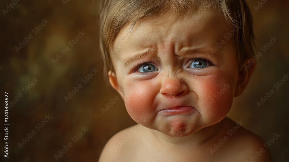 Emotional Close Up of a Crying Newborn Baby with Blue Eyes and Light Brown Hair Against a Soft Brown Background Emotional Close Up of a Crying Newborn Baby with Blue Eyes and Light Brown Hair Against a Soft Brown Background