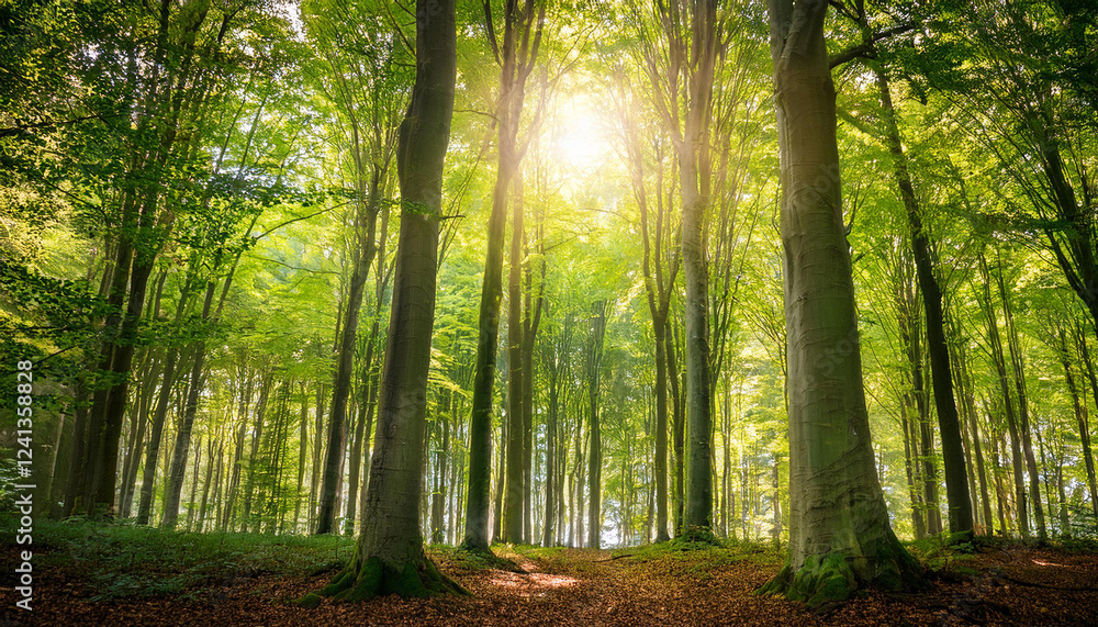 Obraz premium painterly beech forest scenery with the luminous solar shining via the inexperienced foliage with timber as leading lines