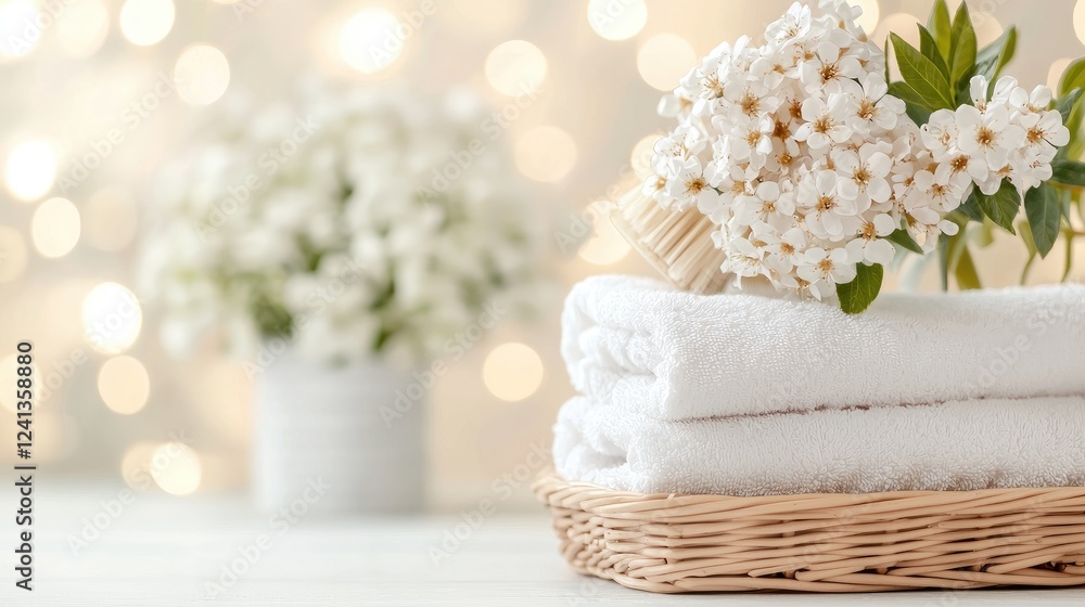 Spa treatment, white towels, flowers, bokeh background, relaxation Spa treatment, white towels, flowers, bokeh background, relaxation