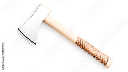 High-quality wooden axe with a polished blade and intricately wrapped handle on a white background photo