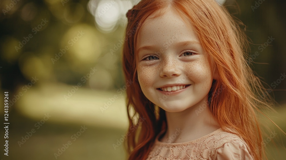 Obraz premium Smiling young girl with long red hair and freckles enjoys a sunny day in a blurred green park, capturing joyful childhood moments outdoors.