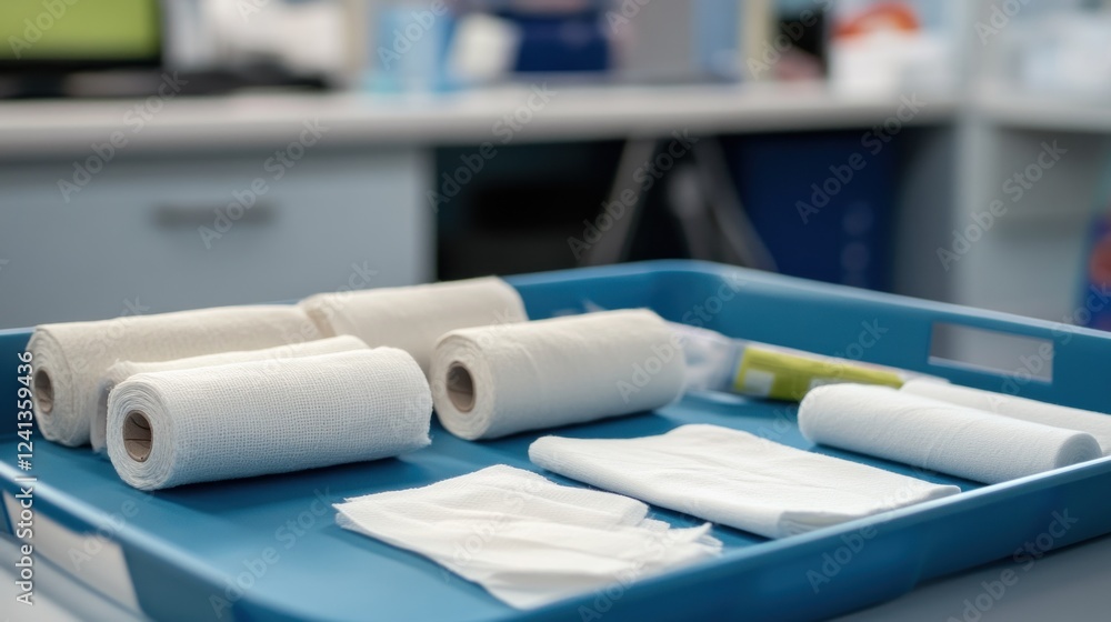 A clean medical tray with various rolls of gauze and sterile supplies in a clinical setting A clean medical tray with various rolls of gauze and sterile supplies in a clinical setting