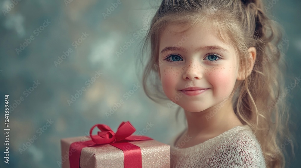 Young girl with long hair holding a pink gift box with red ribbon, smiling on a soft grey background, featuring freckles and cheerful expression. Young girl with long hair holding a pink gift box with red ribbon, smiling on a soft grey background, featuring freckles and cheerful expression.