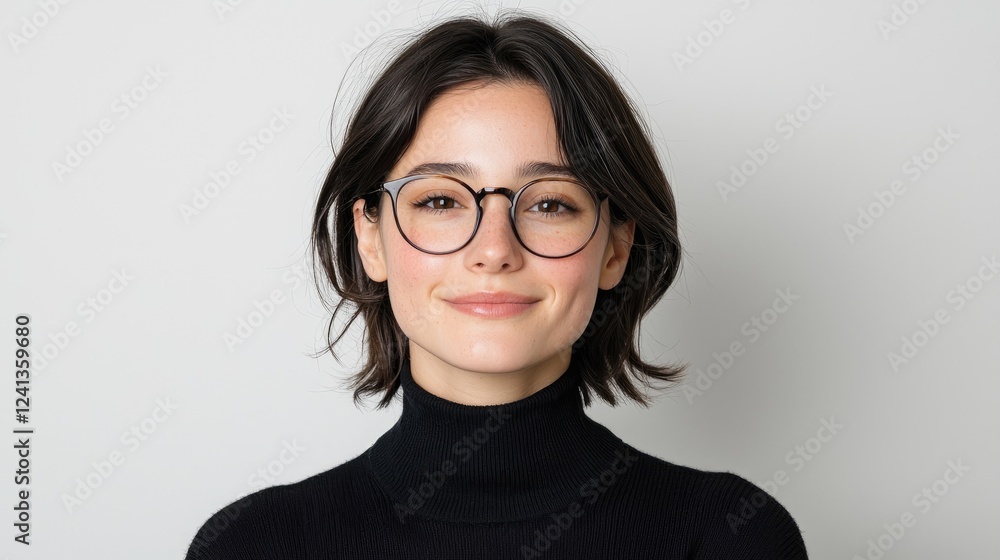 Woman smiling, glasses, turtleneck, studio, portrait Woman smiling, glasses, turtleneck, studio, portrait