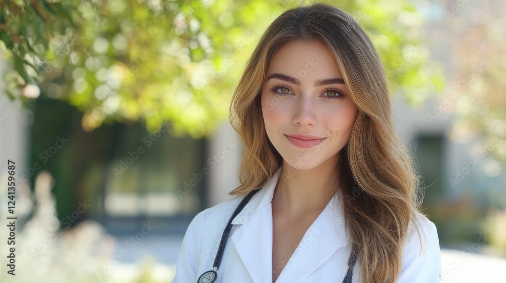 Confident young woman doctor in white coat with stethoscope outdoors in nature with green foliage background showcasing professionalism and warmth. Confident young woman doctor in white coat with stethoscope outdoors in nature with green foliage background showcasing professionalism and warmth.
