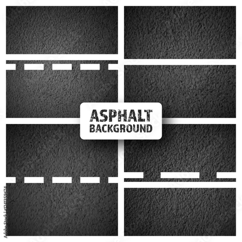 Asphalt road with white lane marking, concrete highway surface, texture. Street traffic line, road dividing strip. Pattern with grainy structure, grunge stone background. Vector illustration