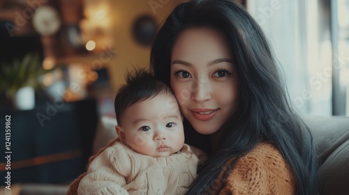 Warm and intimate portrait of young Asian mother cradling infant in cozy living room with soft natural light and inviting decor.