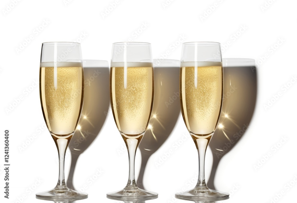 Three glasses of champagne with long shadows on a close-up white background Three glasses of champagne with long shadows on a close-up white background