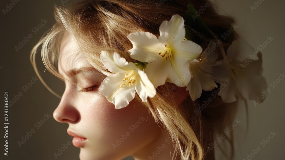 Naklejka premium Young woman with flowing blond hair adorned with white freesia flowers, captured in soft, natural light showcasing delicate beauty.