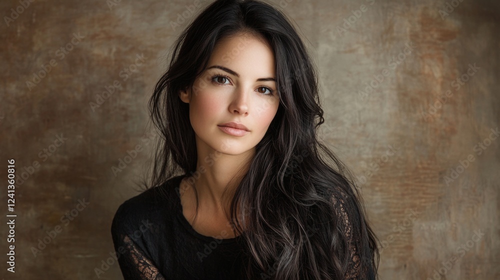 Professional studio portrait of a young woman with long dark hair, soft features, and a serene expression against a textured brown backdrop. Professional studio portrait of a young woman with long dark hair, soft features, and a serene expression against a textured brown backdrop.