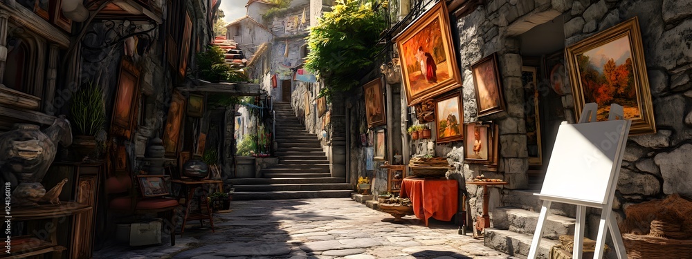 Fototapeta premium Photo of an alleyway in the ancient city center, walls covered with framed pictures and art pieces 
