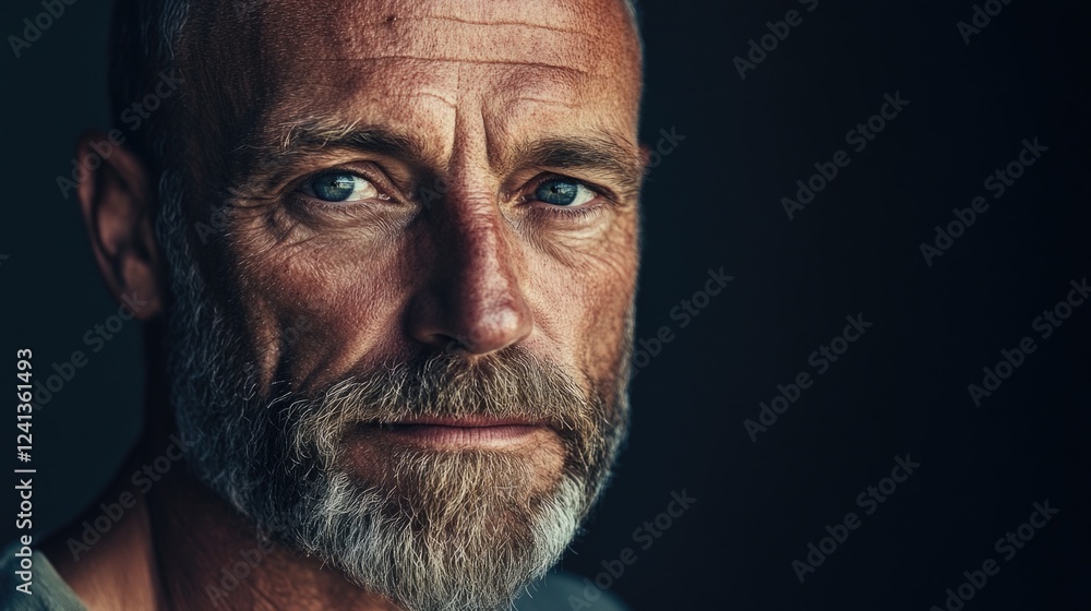 Portrait of Mature Man with Full Beard and Blue Eyes Against Dark Background, Displaying Wrinkles and Strong Facial Features, Male Model Aged 50s Portrait of Mature Man with Full Beard and Blue Eyes Against Dark Background, Displaying Wrinkles and Strong Facial Features, Male Model Aged 50s