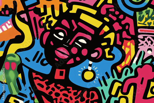 African American woman drawing with thick lines, vibrant colors