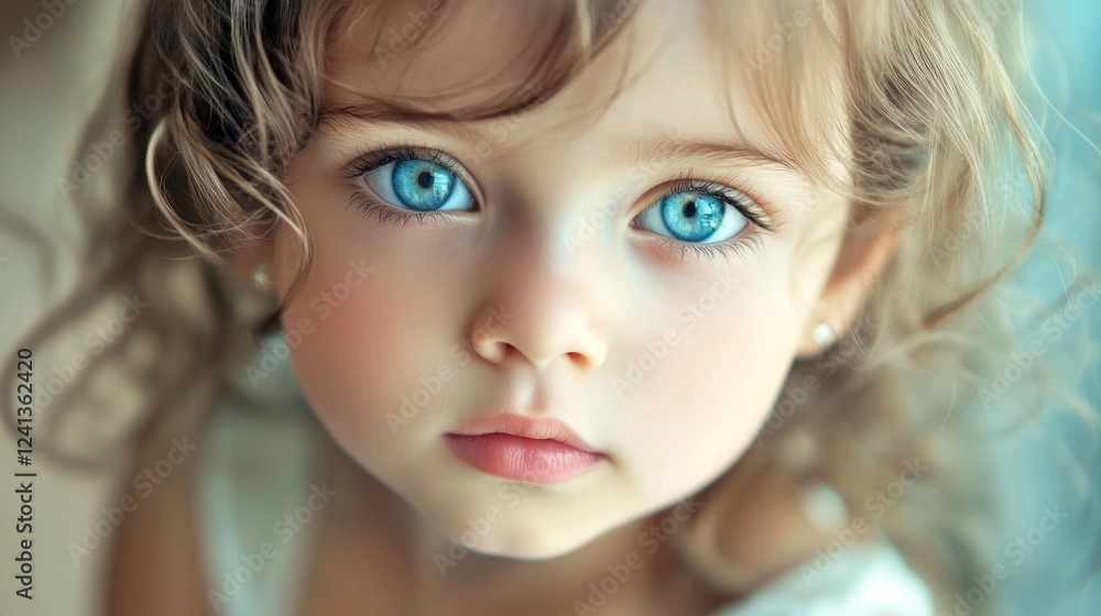 Portrait of a young girl with beautiful blue eyes and curly hair, capturing innocence and charm, lit with soft natural light. Portrait of a young girl with beautiful blue eyes and curly hair, capturing innocence and charm, lit with soft natural light.