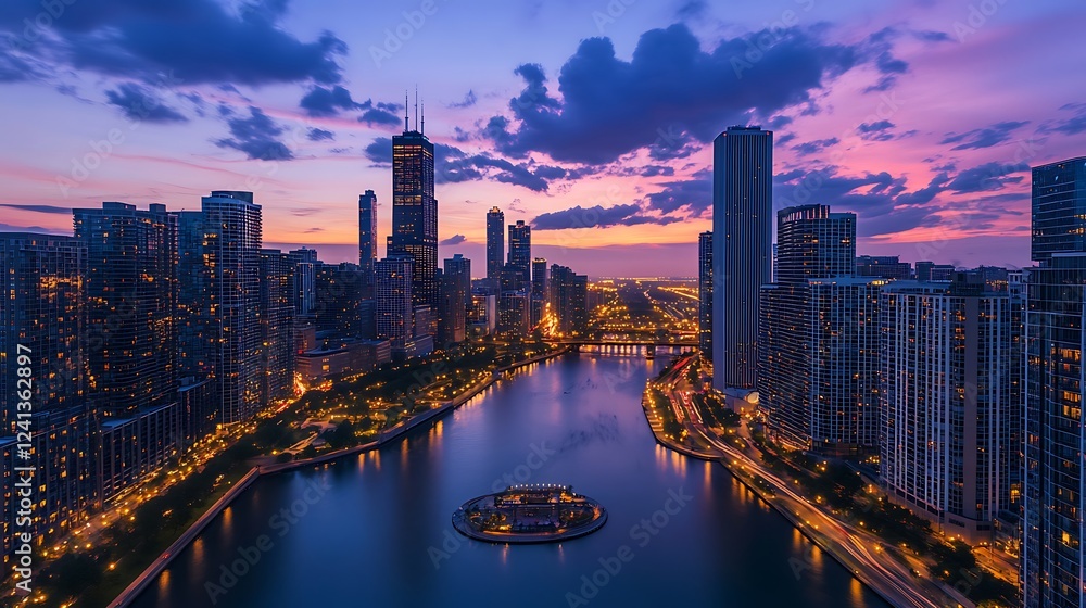 Fototapeta premium downtown city illuminated dusk overlooking grid streets image