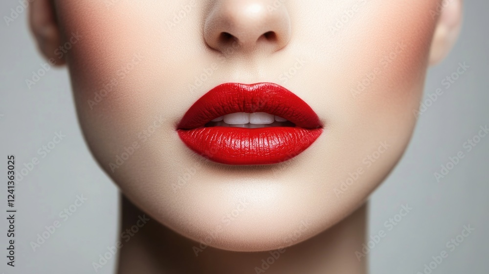 Fototapeta premium close-up of female face showcasing vibrant red lips against a soft blurred background highlighting beauty and smooth complexion