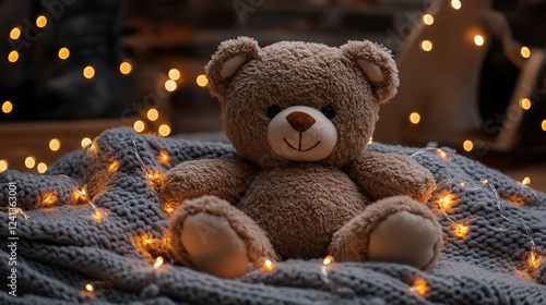 Wallpaper Mural Cozy teddy bear on blanket, fairy lights, warm room, child's bedroom, Christmas Torontodigital.ca