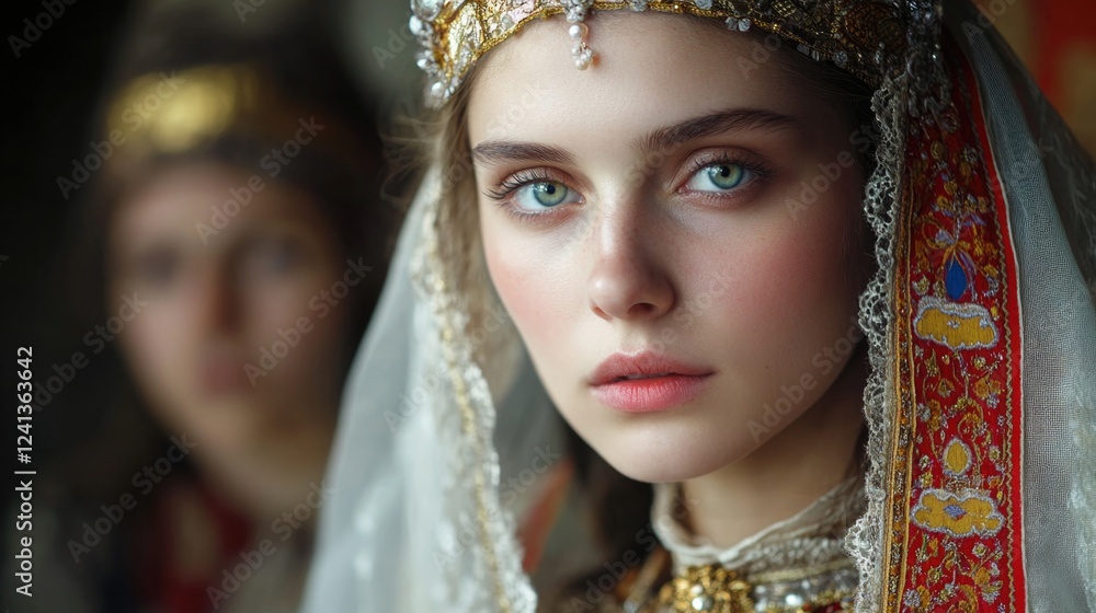Fototapeta premium Elegant young bride adorned in traditional wedding attire with intricate headpiece and veil, featuring striking blue eyes, soft facial features, and a serene expression, captured in a warm, softly-...
