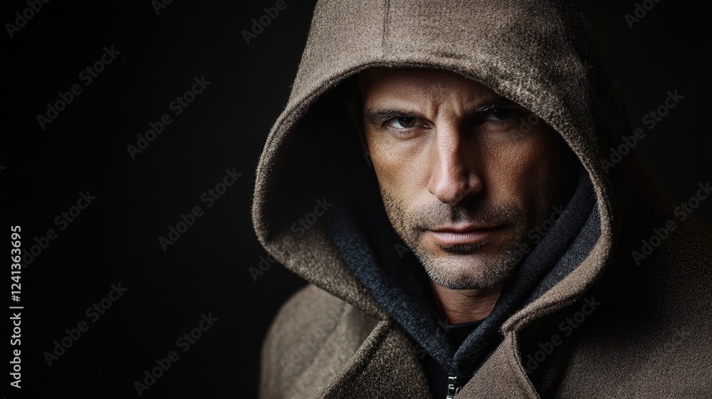 Intense portrait of a 30-year-old man wearing a brown hooded coat in a dark studio setting conveying a moody and mysterious atmosphere. Intense portrait of a 30-year-old man wearing a brown hooded coat in a dark studio setting conveying a moody and mysterious atmosphere.