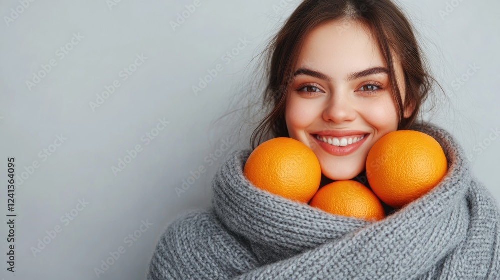 Smiling young woman wearing cozy gray sweater and scarf holding fresh oranges against a soft grey wall, embodying warmth and healthy lifestyle concepts Smiling young woman wearing cozy gray sweater and scarf holding fresh oranges against a soft grey wall, embodying warmth and healthy lifestyle concepts