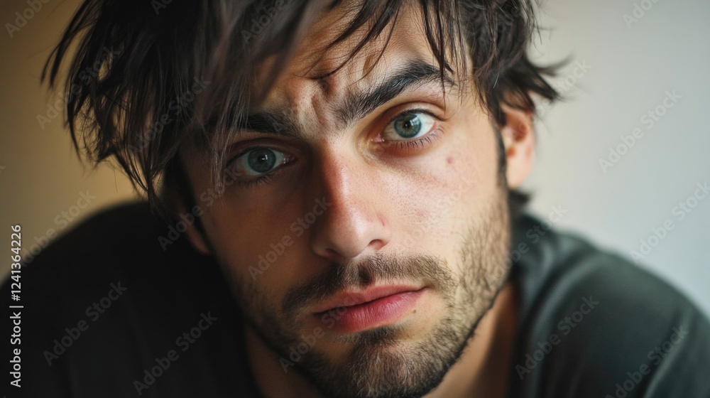 Fototapeta premium Close-up portrait of a young adult man with messy dark hair and intense green eyes expressing worry and concern, featuring natural light and soft neutral background tones.