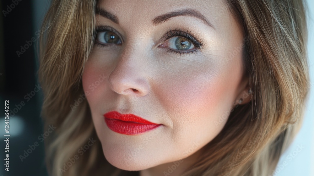 Close-Up Portrait of a Beautiful 30-Year-Old Woman with Smooth Clear Skin, Bold Red Lipstick and Natural Makeup, Soft Lighting, Indoor Setting Close-Up Portrait of a Beautiful 30-Year-Old Woman with Smooth Clear Skin, Bold Red Lipstick and Natural Makeup, Soft Lighting, Indoor Setting