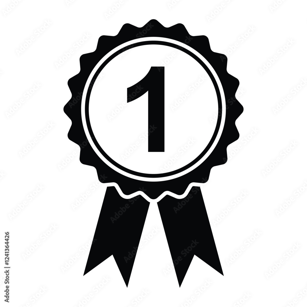 Winner badge vector icon. First place award medal with ribbon. Number one prize symbol. Black silhouette isolated on white background. Winner badge vector icon. First place award medal with ribbon. Number one prize symbol. Black silhouette isolated on white background.