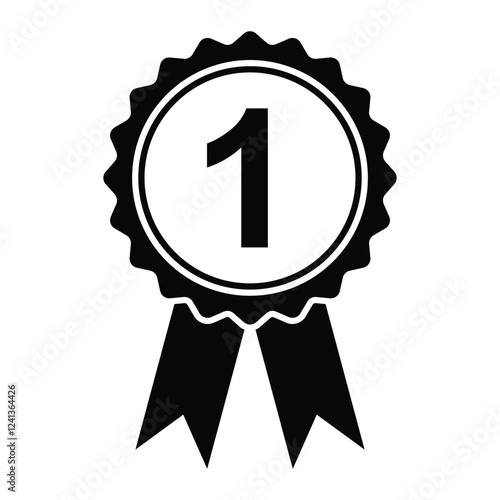 Winner badge vector icon. First place award medal with ribbon. Number one prize symbol. Black silhouette isolated on white background.