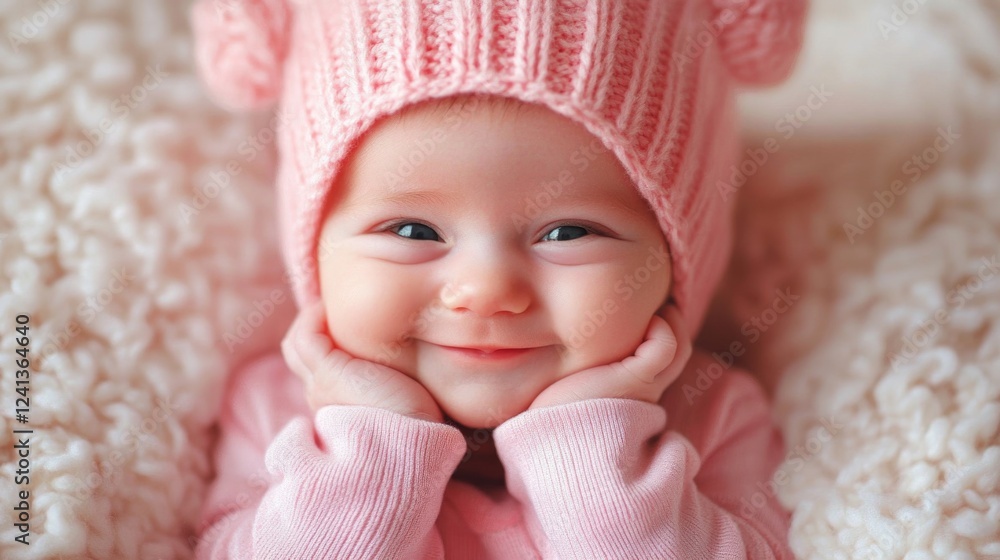 Smiling infant in a soft pink knit hat and cozy light pink outfit, lying on a fluffy cream blanket, radiating joy and cuteness. Smiling infant in a soft pink knit hat and cozy light pink outfit, lying on a fluffy cream blanket, radiating joy and cuteness.
