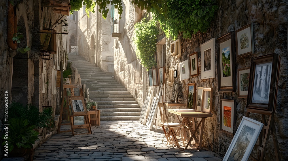 Fototapeta premium Photo of an alleyway in the ancient city center, walls covered with framed pictures and art pieces 
