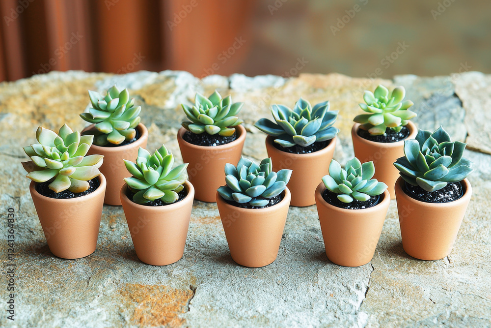 Fototapeta premium Minimalist flat lay featuring small succulents in ceramic pots on a textured stone surface